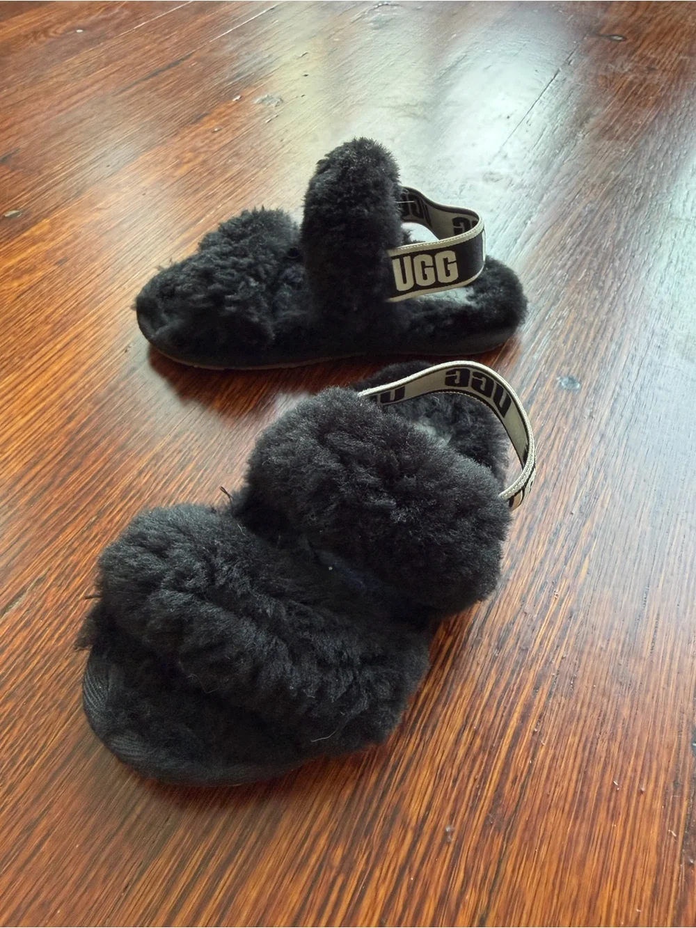 UGG Black Shearling Double-Strap Slide Sandals with Branded Heel